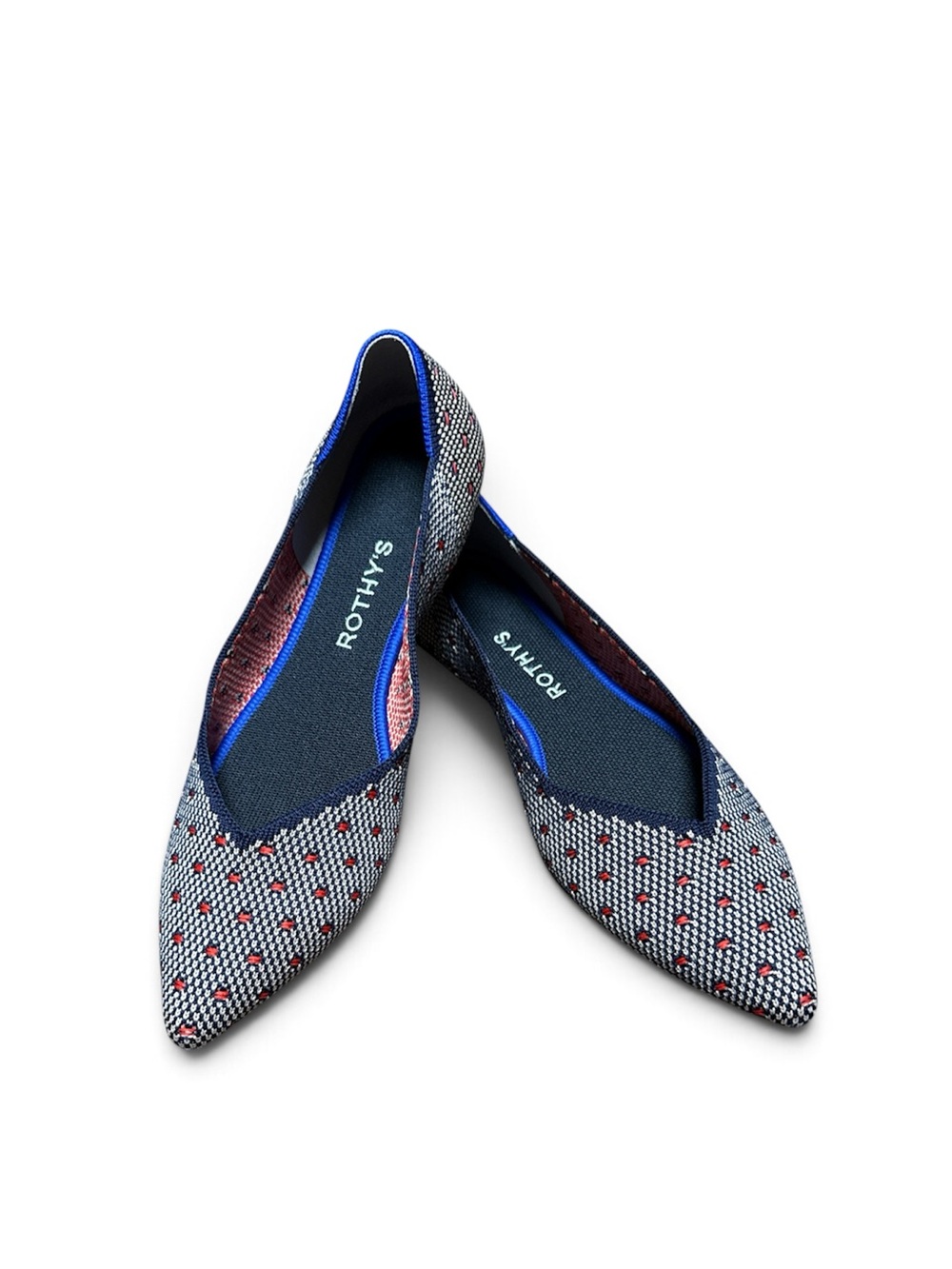 Rothy's Pointed Toe Blue and Red Patterned Flats